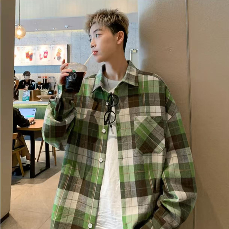 Men's Plaid Shirt with Long Sleeves for Spring and Autumn, Loose Fit, Large Size, Casual Wear, Hong Kong Style, Non-Iron, Loose Type