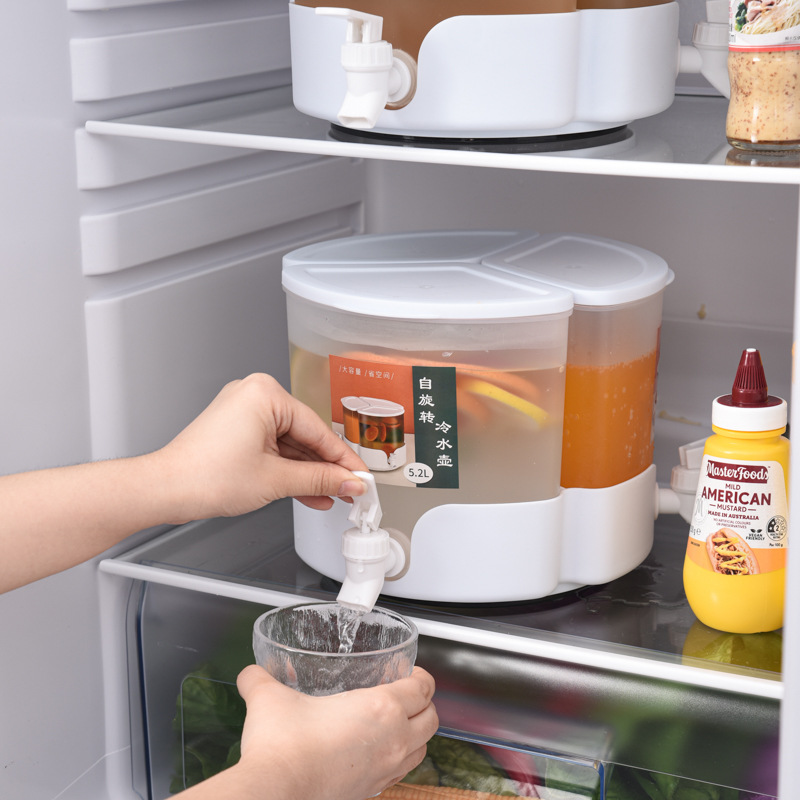 Automatic Rotating Cold Kettle Three-compartment Cold Water Bucket With Faucet For Refrigerator Juice Milk Ice Tea Water5.2 LLarge Capacity