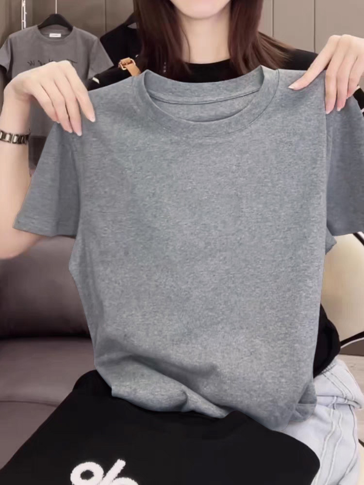 Women's Casual Fashion Versatile Thin Gray Cotton Crew Neck Short-Sleeve T-Shirt for Spring and Summer