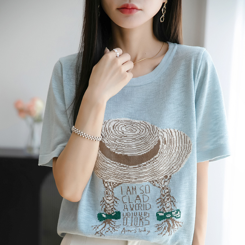 2025 New Summer Round Neck Knitwear Short-Sleeved Women's Loose Versatile T-Shirt Fashionable High-End Women's Summer Top