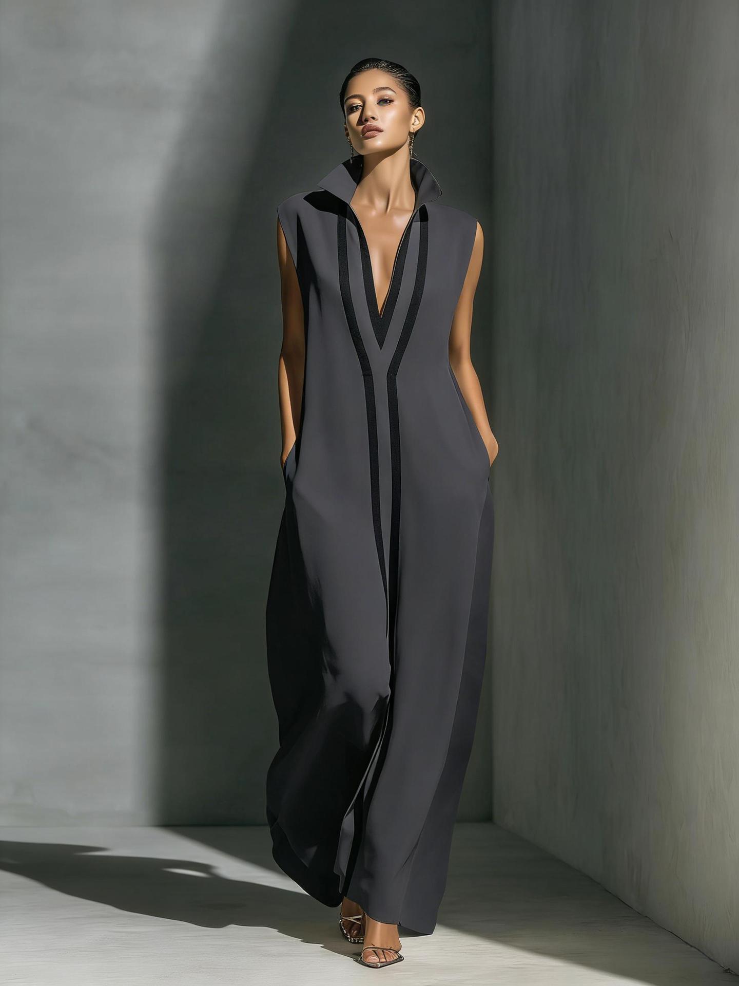 Elegant V-Neck Color-Block Casual Midi Dress For Women, Breathable Stretch A-Line Sundress For Daily Wear, Travel, And Office_ecoleips.com