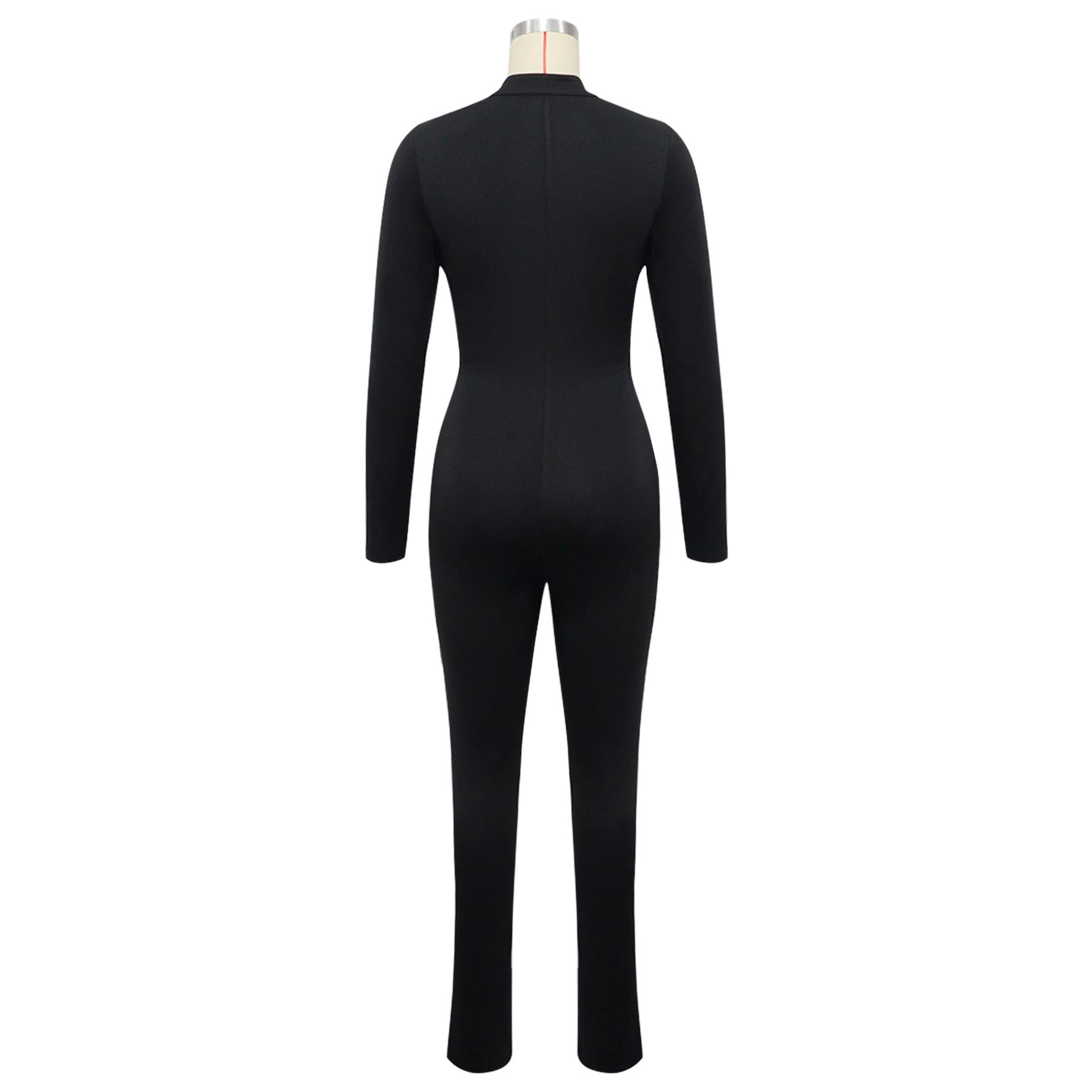 Sexy Deep V Long Sleeve Jumpsuit Solid Color Tight Fit_voghion.com
