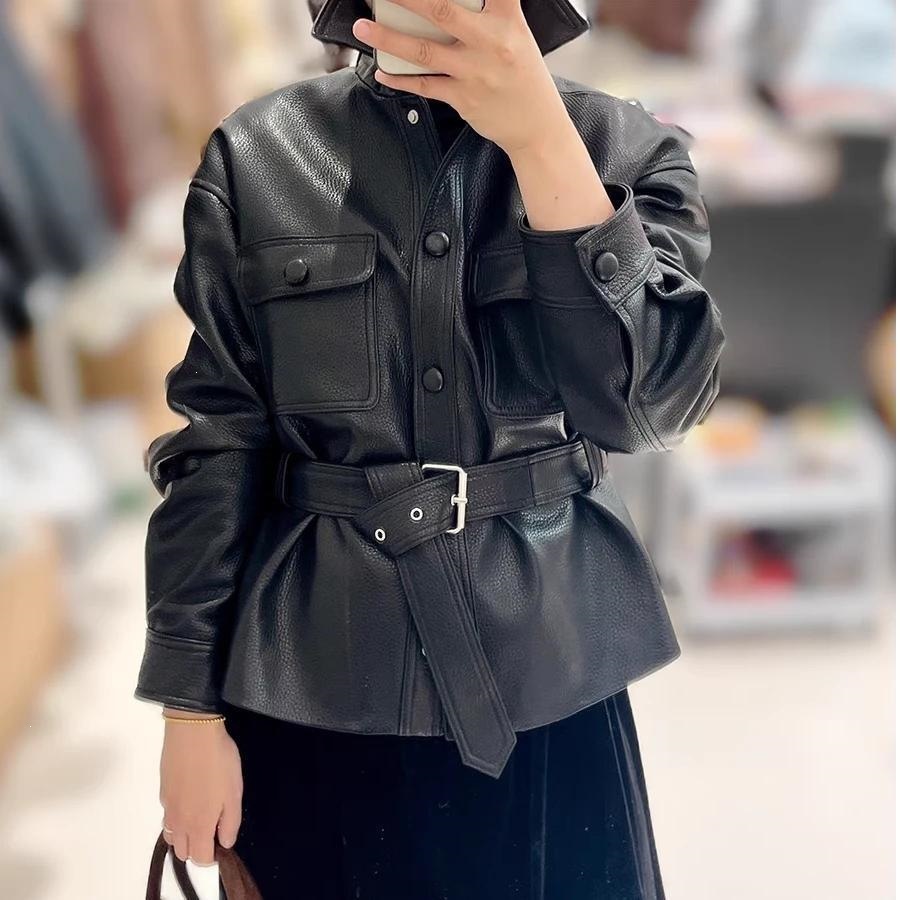 Qadın süni dəri gödəkçə, beli bağlanan qısa model