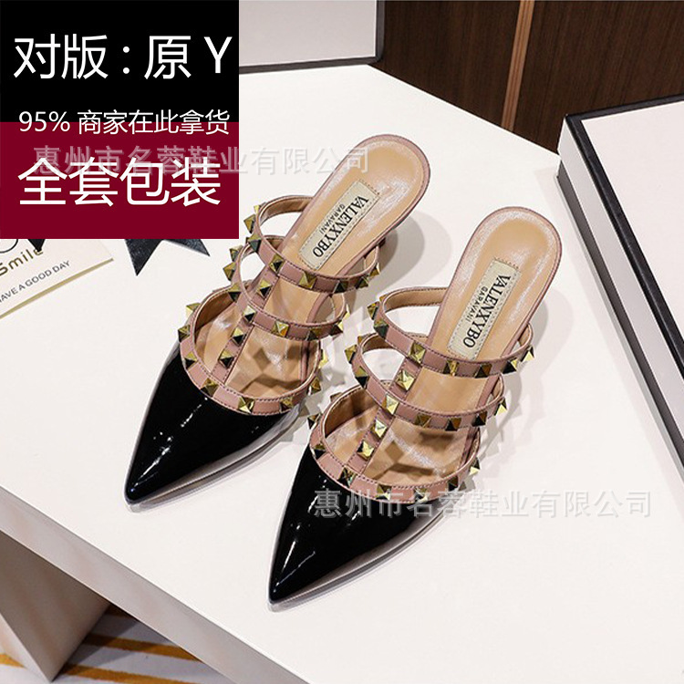 High-End Cross-Border Huajia Women's Summer European and American Style Pointed Toe Stiletto Heel Mules with Rivets and High Heels High-End Cross-Border Huajia Women's Summer European and American Style Pointed Toe Stiletto Heel Mules with Rivets and High Heels