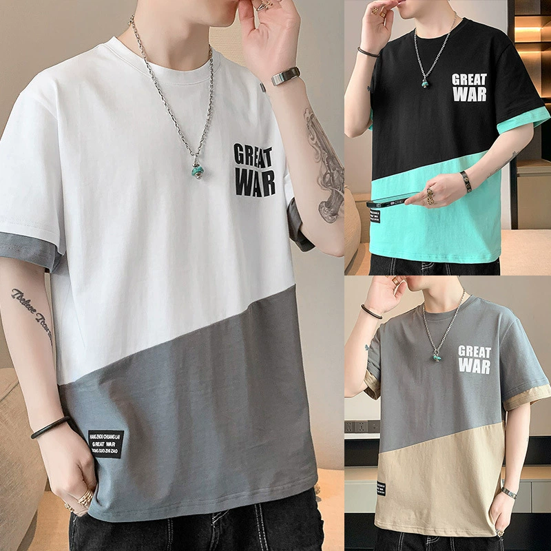 Хлопчатобумажная футболка с короткими рукавами для мужчин летний досуг ins тренд Гонконг ветер круглый воротник тонкий дышащий свободный спортивный топ мужской