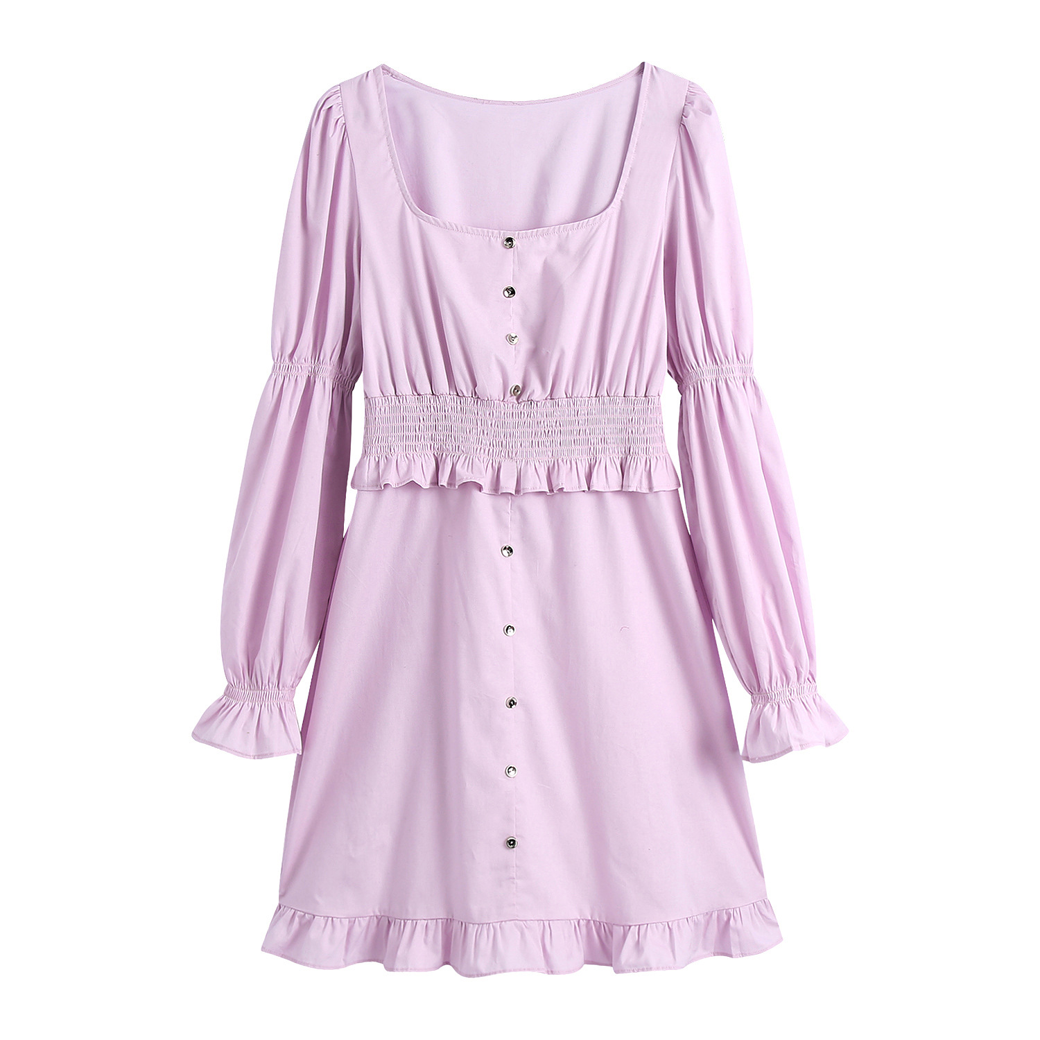 Purple Long-Sleeved Square-Neck Elastic Ruffled Dress NSBRF101629