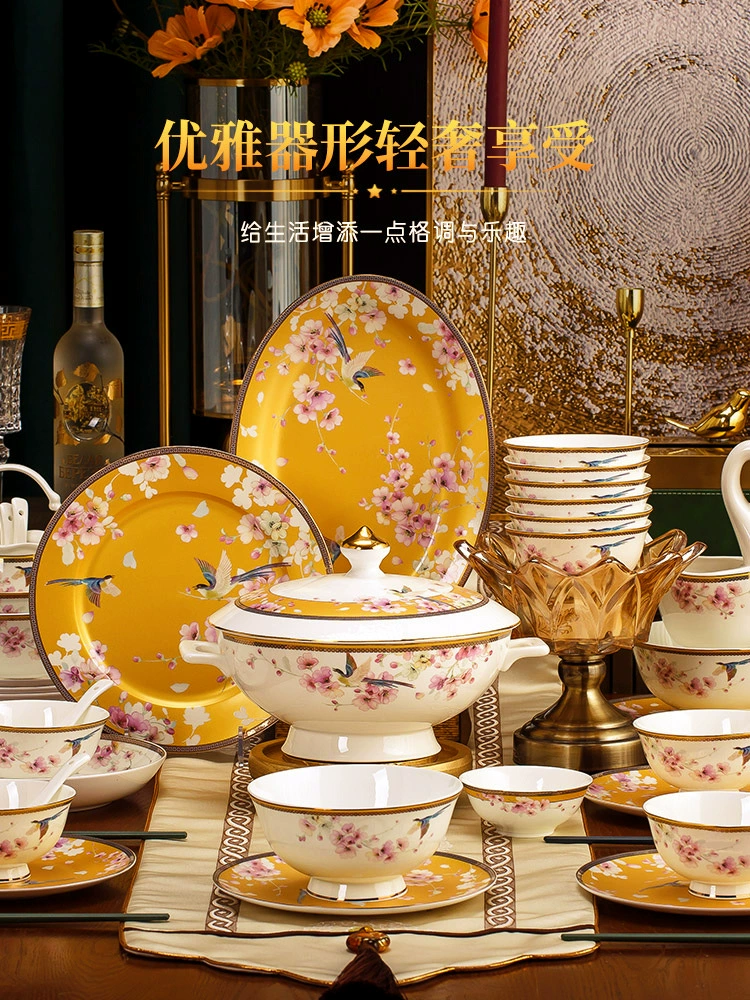 Набор мисок Домашний Jingdezhen керамическая посуда Китайская золочение-стиль золотая кайма посуда костяная фарфоровая сервировка блюд комплект