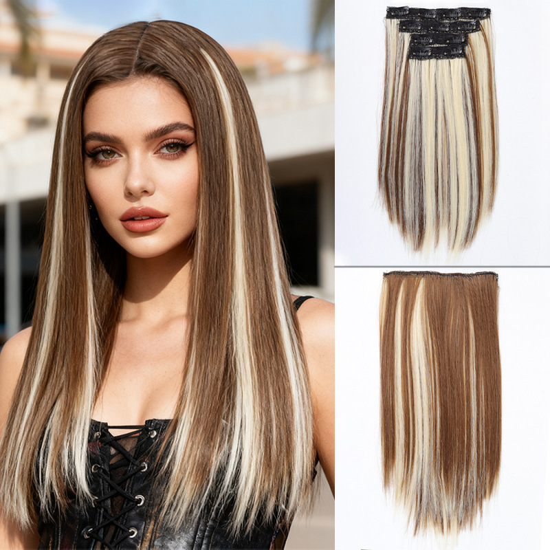 Foreign Trade Wig Extensions Straight Hair Extensions Four-Piece Set 11 Card Highlights Extensions High-Temperature Fiber Medium-Long Hair Wig Dropshipping