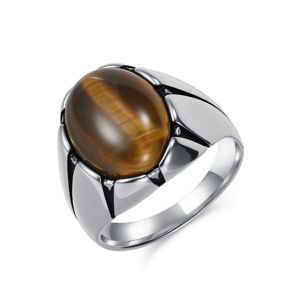 Men's Retro Titanium Steel Ring With Tiger Eye Gemstone Oval Egg Shape Black Stainless Steel Thumb Ring Bracelet_voghion.com