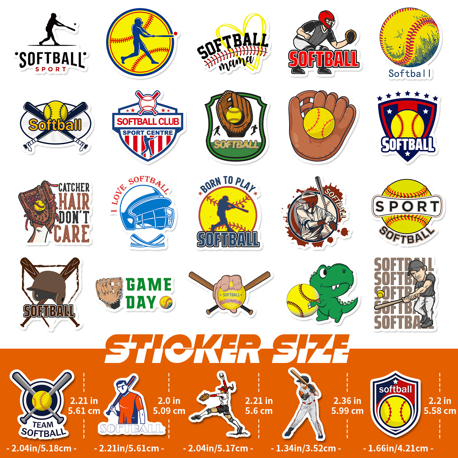 50 pegatinas de softball amarillo pegatinas de softball transfronterizas pegatinas impermeables para el equipaje de la guitarra del monopatín