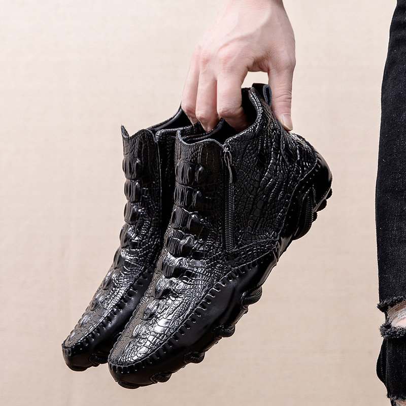 Autumn and Winter 2025 New Cross-Border Foreign Trade Large Size Men's Shoes Genuine Leather Crocodile Pattern High-Top Martin Boots with Cotton Lining for Warmth