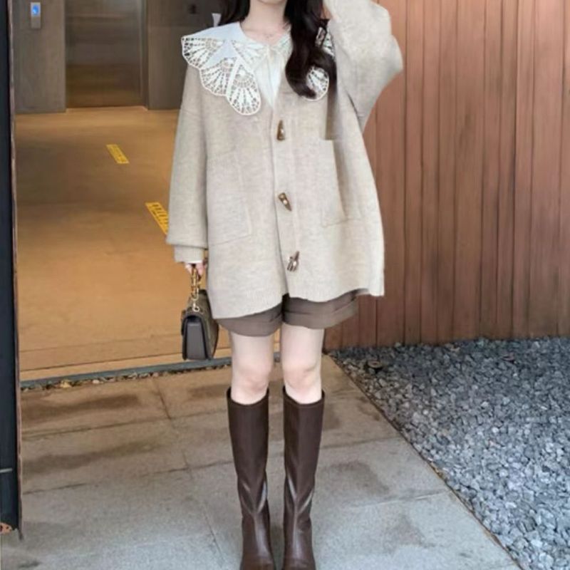 法式奶奶衫粉色奶fufu牛角扣V领设计感中长款毛衣外套针织开衫女|undefined