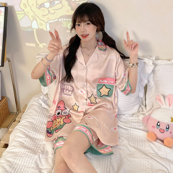 Ice Silk Pajamas Women's Summer 2024 New Short-sleeved Cartoon Cute Women's Summer Thin Cardigan Home Clothes suit