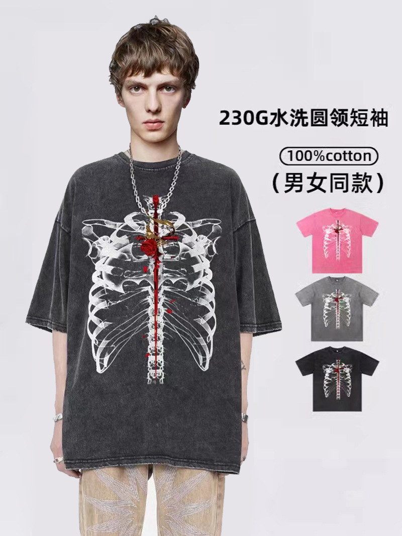 Comercio exterior impresión transfronteriza camiseta de manga corta hombre verano retro relajado pareja hip hop vientos casuales blusa