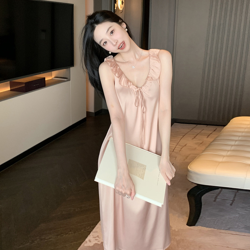 French-Style Satin Camisole Nightdress for Women, Summer Pure Desire Style, Long Ice Silk Loungewear, Sexy V-Neck, Can Be Worn Outside