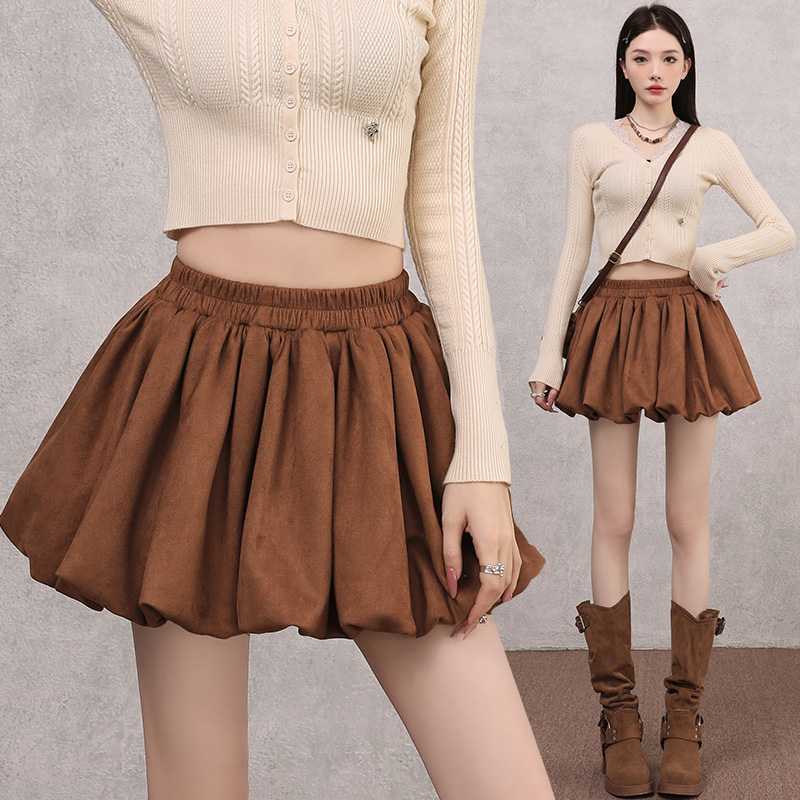 蓬蓬裙半身裙女秋2025新款麂皮绒短裙花苞裙裙伞裙裙子字裙裤裙