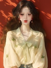 绿色印花防晒雪纺衬衫2024早秋新款女装甜美公主风独超好看上衣