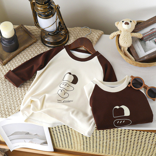 Le Chang Jia 2025 Spring Collection Boys' Letter-Sleeve Long-Sleeve Top and Girls' Cartoon Children's Round-Neck Long-Sleeve Top