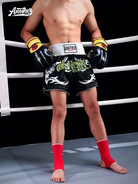 Anotherboxer Black Muay Thai Pants Leather Embroidered Shiny Fighting Competition Shorts