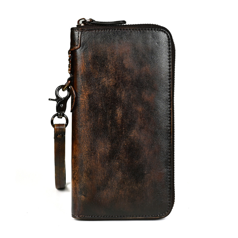 New Men's Genuine Leather Headlayer Cowhide Worn Handheld Zipper Bag Leisure Card Zero Wallet_voghion.com