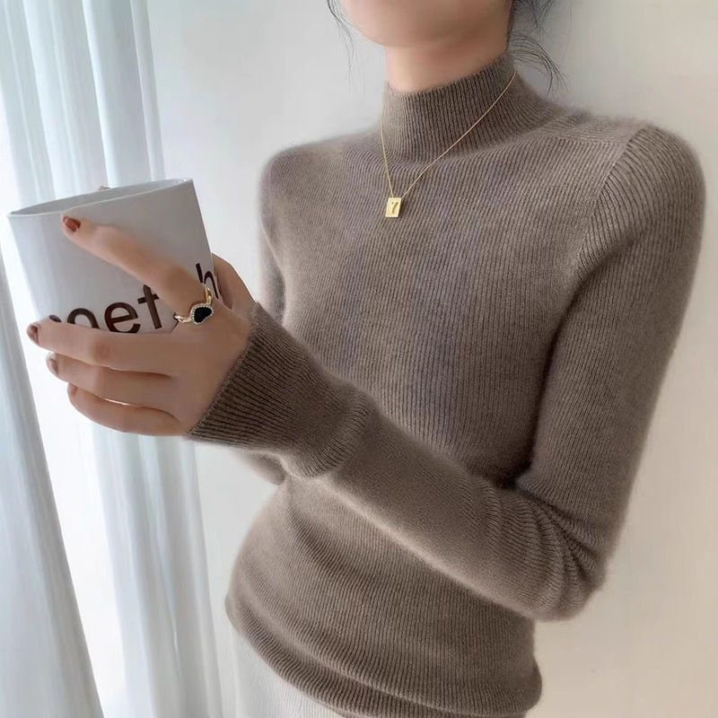 Autumn and Winter Women's Pure Cashmere Slim Thin Knitwear Bottoming Knitwear One-Line Ready-To-Wear Half Turtleneck Cashmere Knitwear Long Sleeves