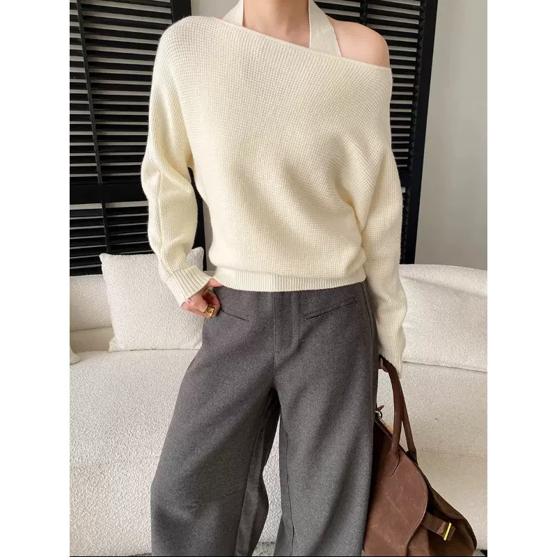 司南 早春新款 法式温柔风挂脖背心一字肩宽松针织衫套装 SN8564