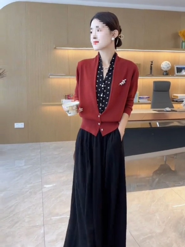 感假两件红波点长袖时尚外穿百搭套装垂感半身裙通勤两件套女百搭|undefined