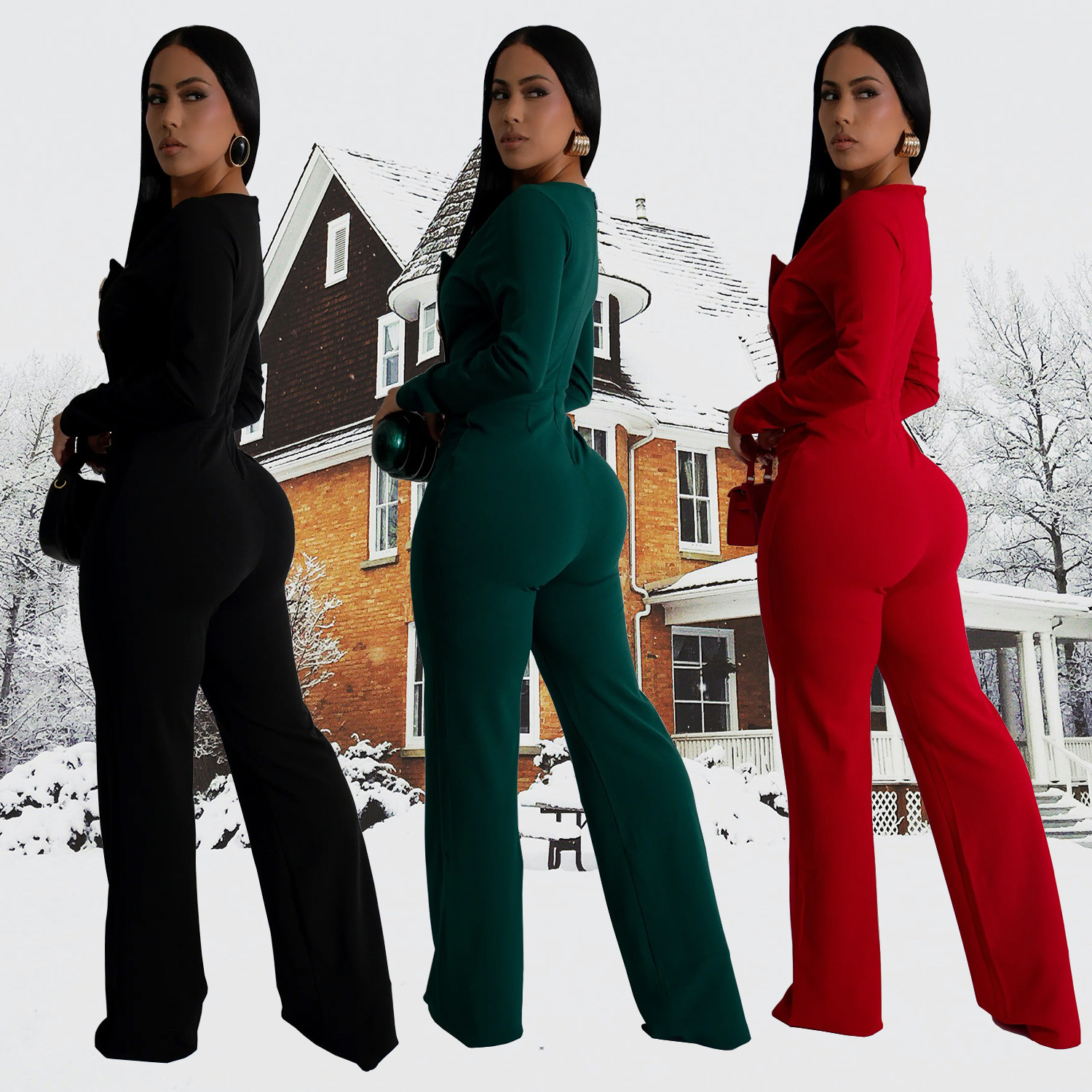 C7201 Cross-border AliExpress Amazon Pantalones de brazo de manga larga para mujer de moda europea y americana Mono delgado de color sólido
