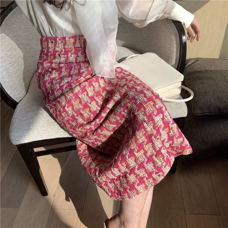 小香风粗花呢半身裙女胖mm中长款直筒格子开叉一步裙粉色A字长裙