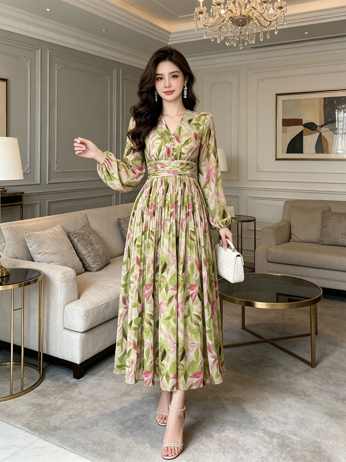 Đầm maxi nữ cổ V in họa tiết thắt eo xòe rộng dáng dài — xanh lá cây