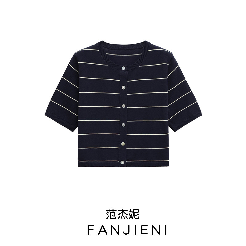 ZR foreign trade wholesale European and American style women's casual simple striped short sleeve round neck knitted short coat 2142072 ZR foreign trade wholesale European and American style women's casual simple striped short sleeve round neck knitted short coat 2142072