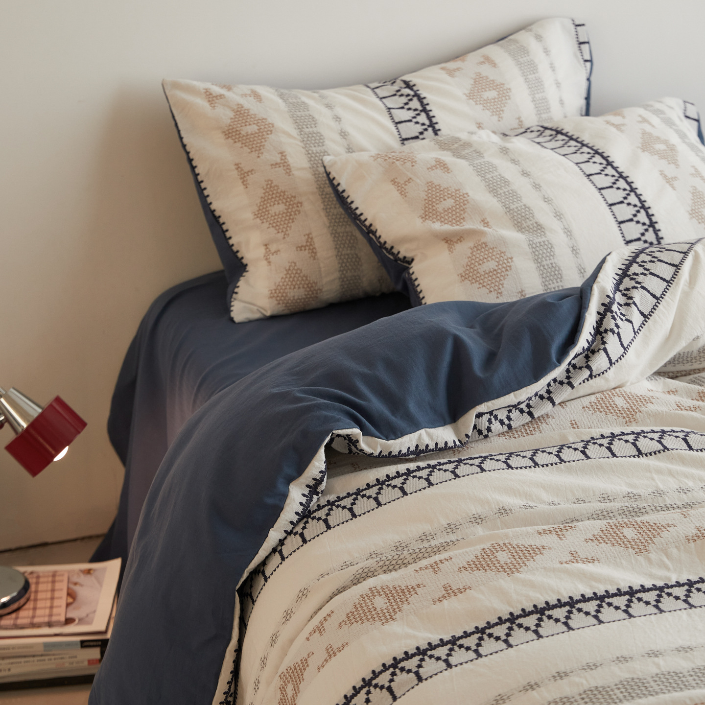 Conjunto de quatro peças minimalista retrô nórdico francês Fair Isle Story I, 100% algodão, capa de edredom jacquard tingida em fio, fronhas de algodão puro, lençol, Nor_voghion.com