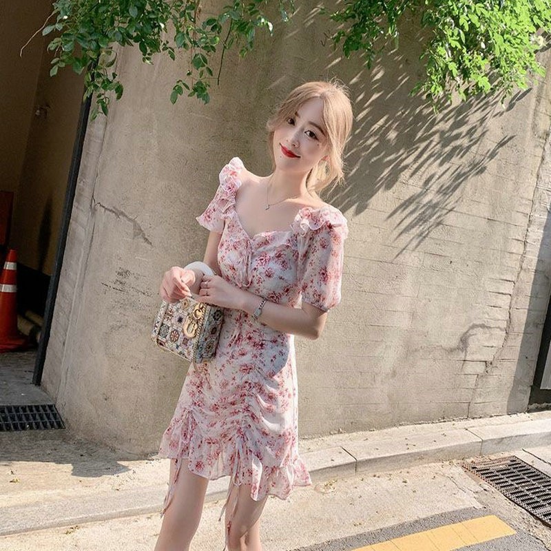 Summer retro red shiffon fitted dress