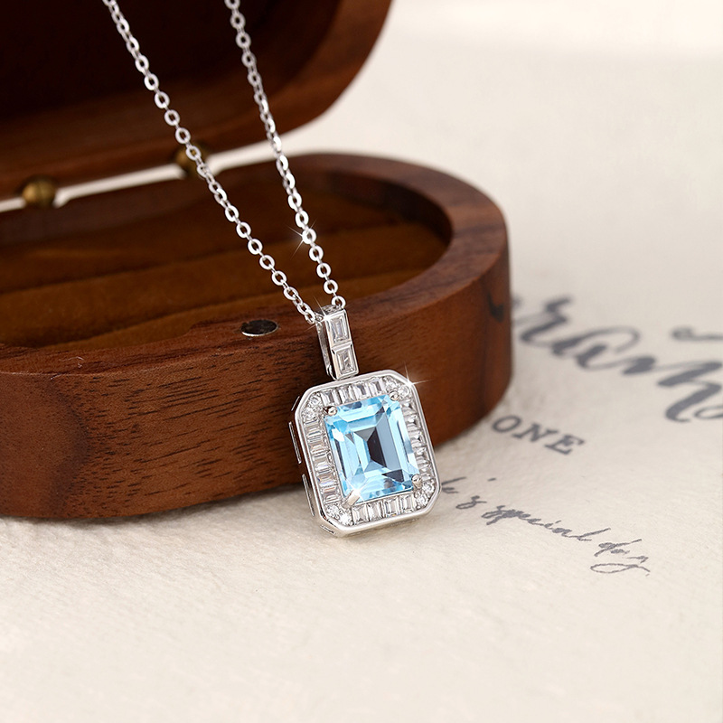 Gem Cross-border Douyin Live S925 Collar de plata esterlina Colgante cuadrado de piedra natural para mujer Cadena de clavícula con sentido de diseño avanzado