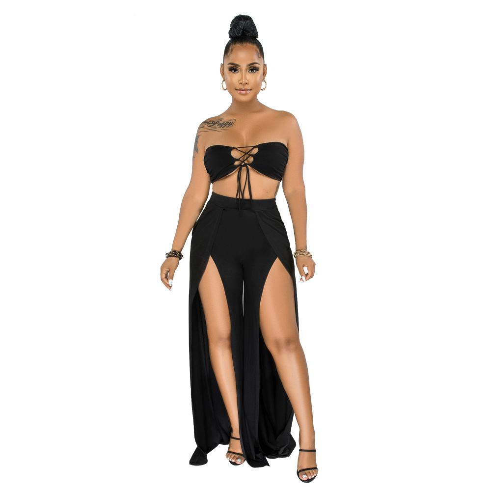 Sexy Tube Top Strap Top With Split Wide Leg Trousers Set NSCYF68187