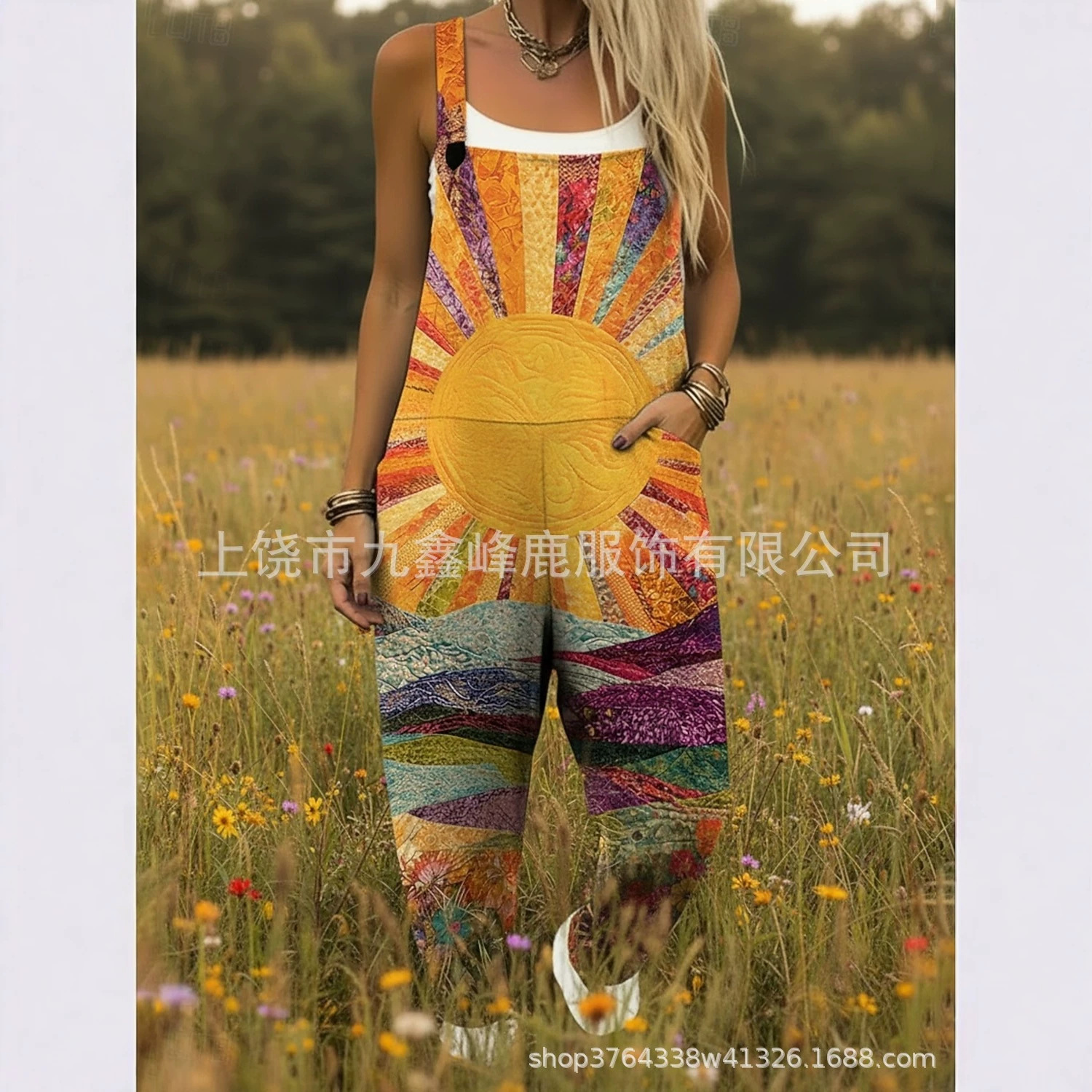 2026夏季款女连体衣轻薄印花无袖直筒方领口袋休闲日常宽松背带裤