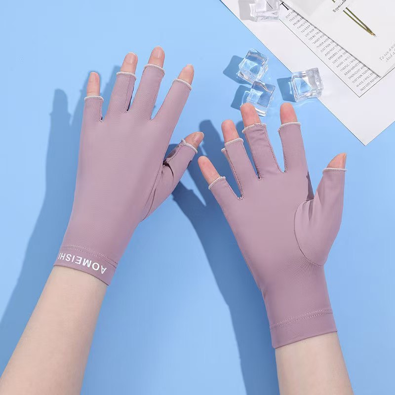 손목 레터링 아이스 실크 반장갑 (보라색)