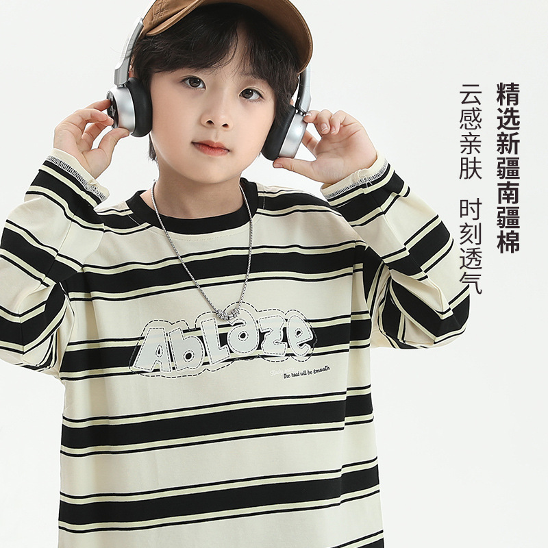 조수 브랜드 소년 옷 긴 소매 2024 새로운 어린이 100 면 줄무늬 셔츠 티셔츠 머리카락 세대