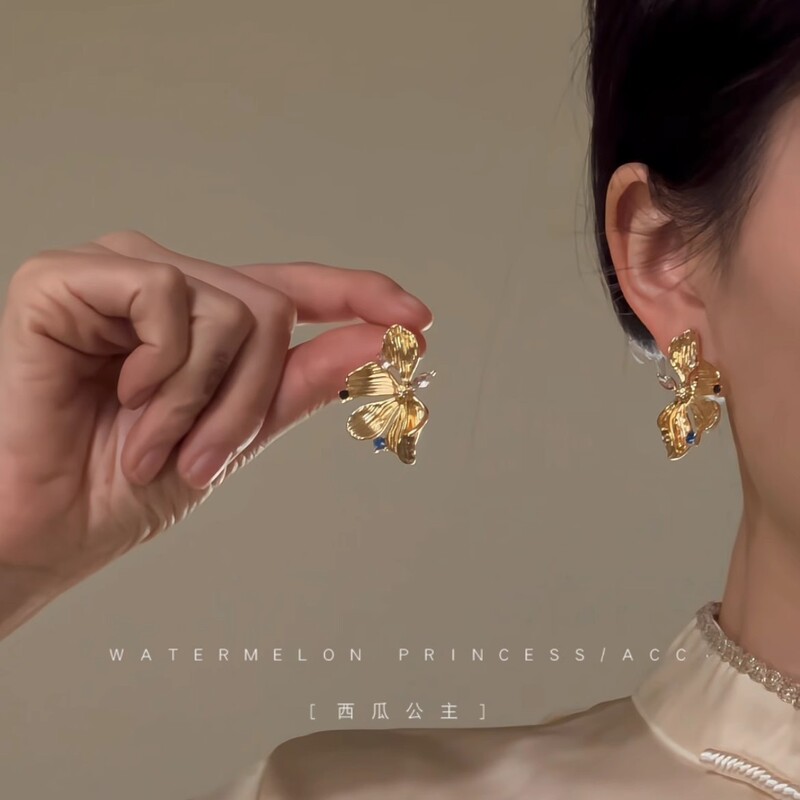 新中式国风耳环2025新款爆款高级感女人味金色花朵耳钉女|undefined