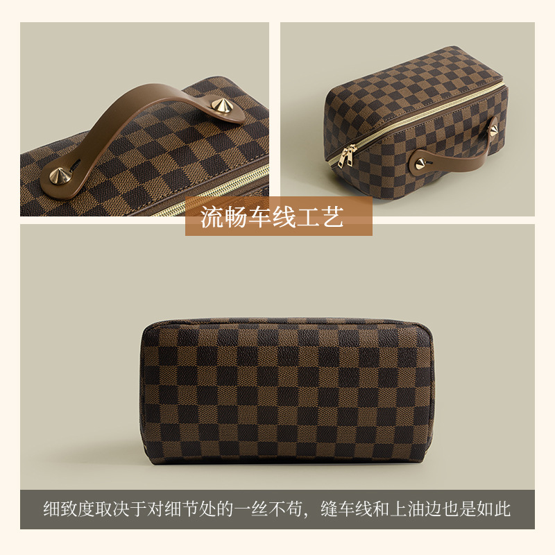 Bolsa de Cosméticos a Cuadros Estilo Retro, Modelo 2024, PU Multifuncional, Práctica y Portátil, Bolsa de Almacenamiento de Artículos de Tocador 8301 #