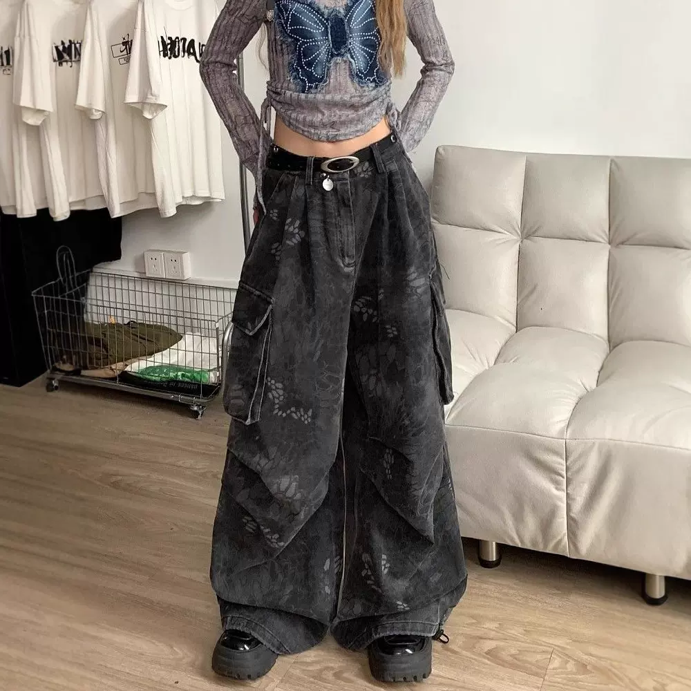 美式复古高街设计感多口袋工装牛仔裤女高腰坠感宽松阔腿裤子