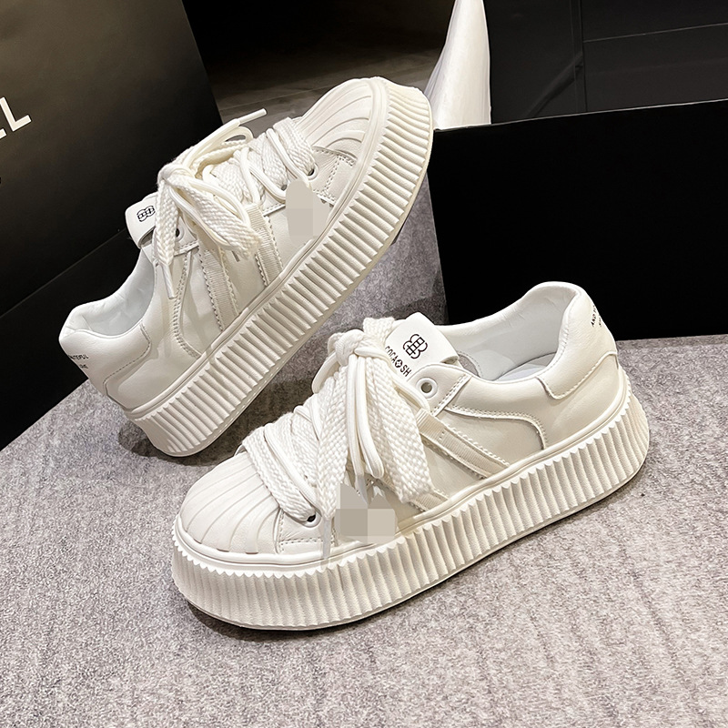 Thick-Soled Genuine Leather White Sneakers for Women, 2025 Autumn Height-Increasing Biscuit Shoes, Breathable Popular Sports Height-Increasing Shallow Casual Shoes