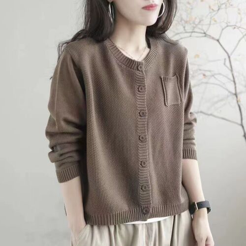 Vintage Loose Women's Cardigan Sweater Spring and Autumn Season Fashion Trendy Round Neck Single Button Long Sleeve Knit Coat