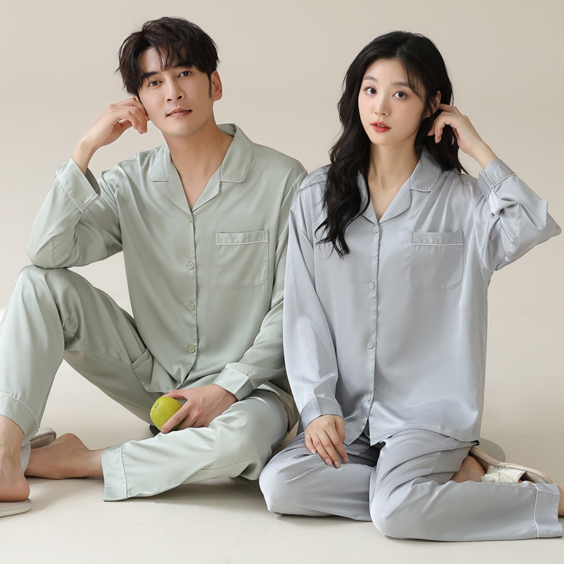 Pijamas de pareja de seda de hielo para mujer 2024 nuevo traje de ropa para el hogar de primavera y verano de hombre de seda de simulación fresca de manga larga de otoño