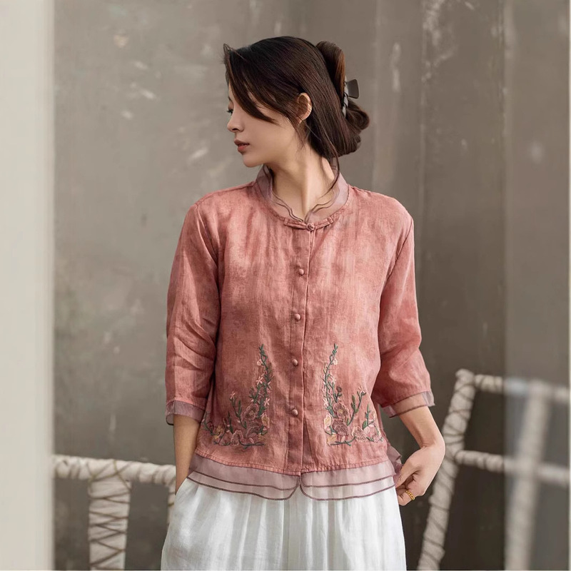 2026 Spring New Heavy Embroidery Zen Style Shirt with Stand Collar, Slim Fit, Fully Edged, Elegant and Versatile Women's Shirt