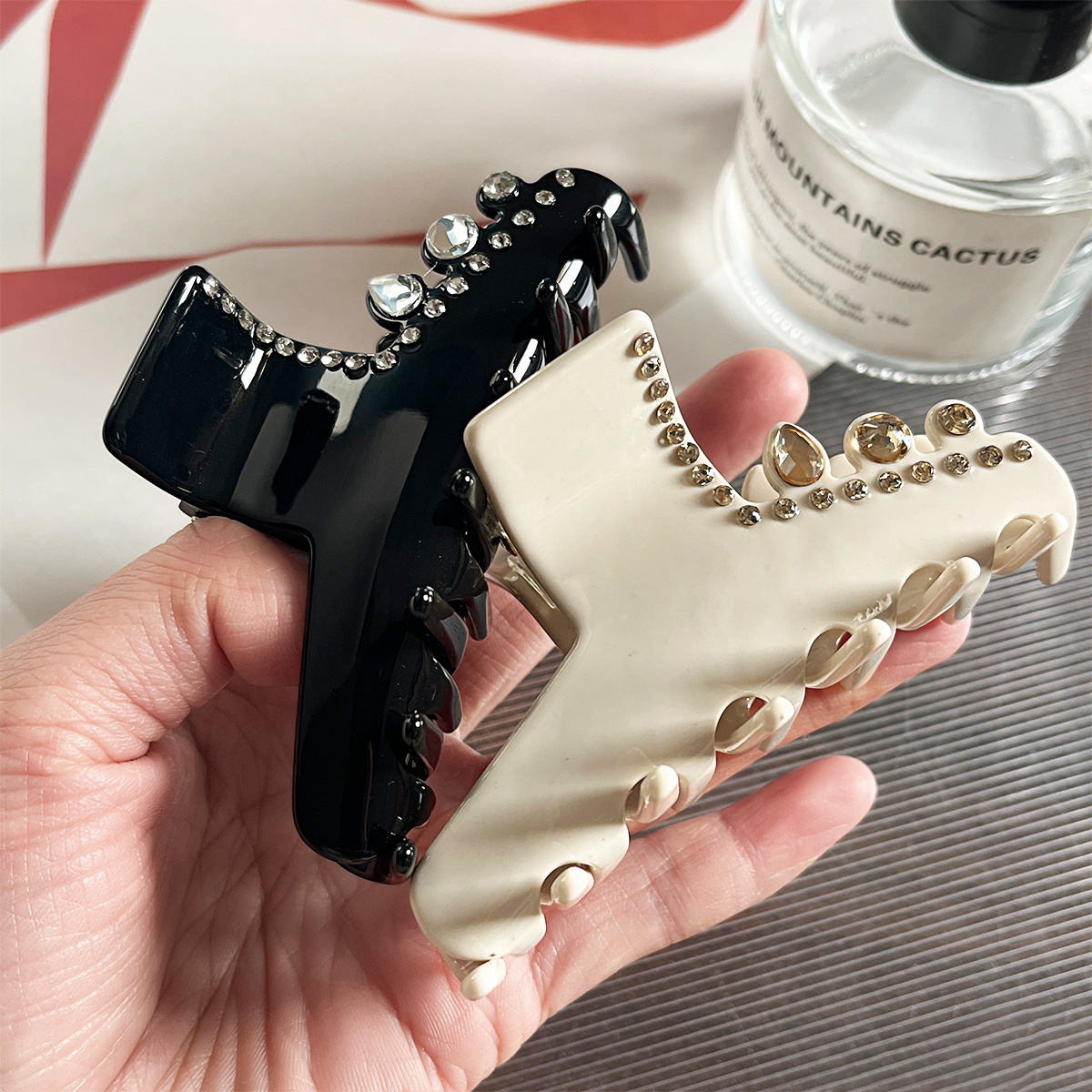 Clip de acético francés Alexander con clip de tiburón de diamante de alta calidad, clip de cabello grande detrás de la cabeza.