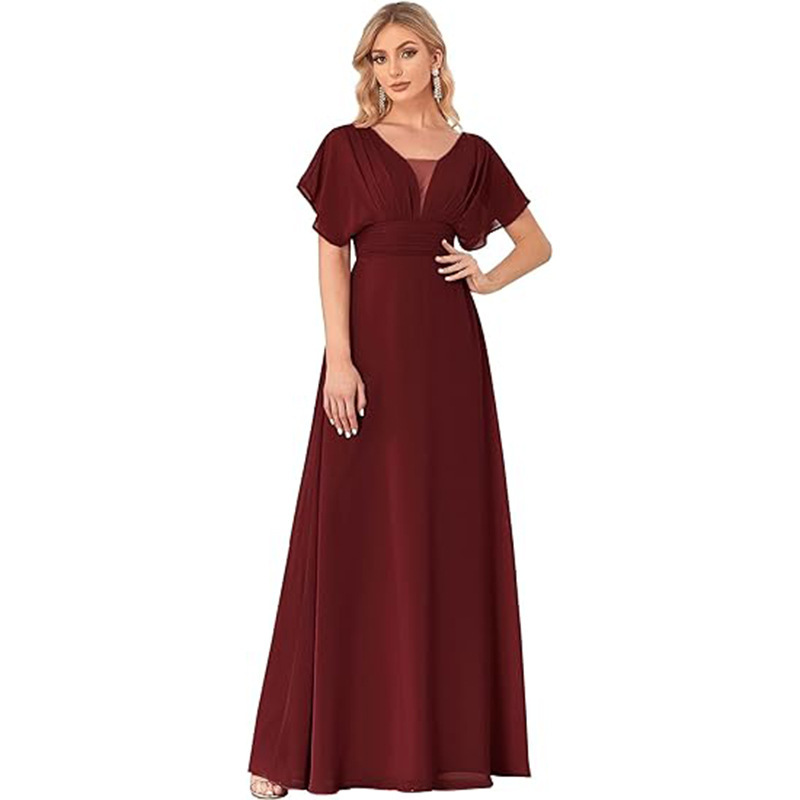 European and American New plus size chiffon V-neck slim evening dress bridesmaid dress sweet wedding banquet performance evening dress for women