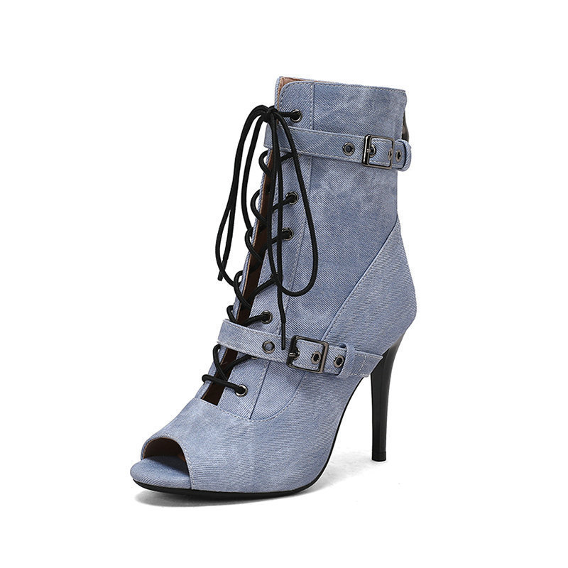 Fish-Mouth Cool Boots for Women, Summer Denim Material, Thin High Heels, Belt Buckle, Cut-Out Short Boots, Lace-Up Jazz Dance Shoes Fish-Mouth Cool Boots for Women, Summer Denim Material, Thin High Heels, Belt Buckle, Cut-Out Short Boots, Lace-Up Jazz Dance Shoes