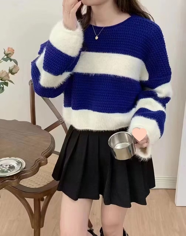 条纹短款马海毛毛衣女秋冬慵懒风新款宽松外穿高腰软糯针织上衣潮|undefined