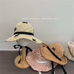 Rural-style children's fashion ribbon butterfly bow strap straw hat summer girls beach vacation breathable fisherman hat